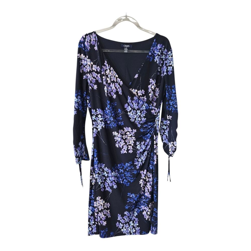 Chaps Dress L Crossover V-Neck 3/4 Sleeve Ruching Blue Purple Floral Stretch